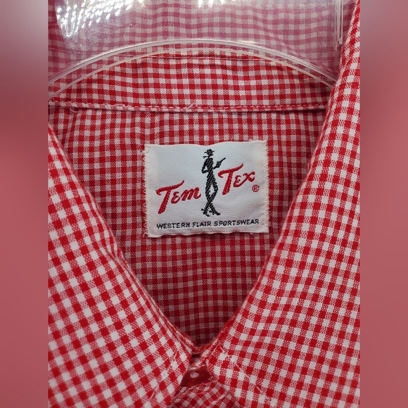 Vtg Tem Tex Shirt Mens 16 Pearl Snap Button Up Gingham Red White Western Cowboy - Picture 10 of 13